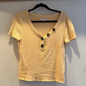 American Eagle Outfitters Yellow Ribbed V-Neck Button Tee
